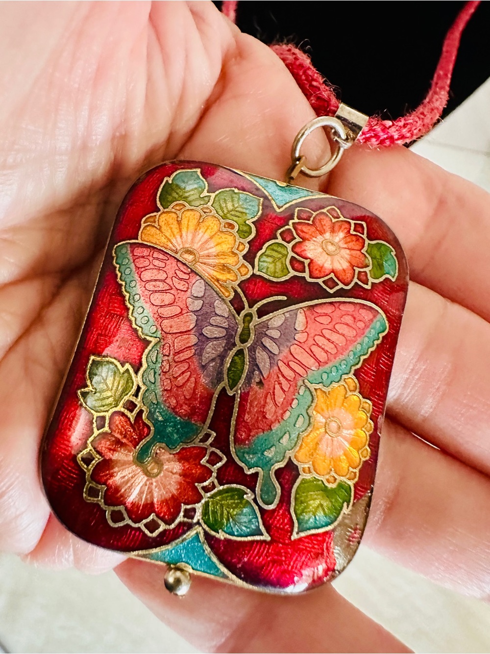 Vintage Cloisonné Pendant Necklace, Butterfly Floral, Red  Puffy 2 Sided - Picture 5 of 7